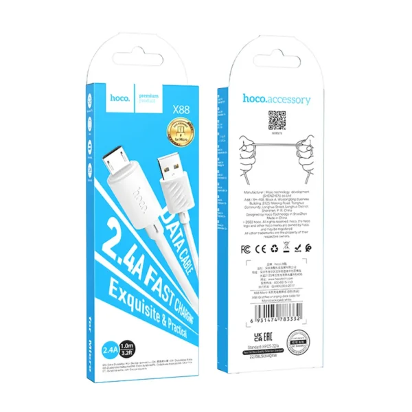 Câble de données Micro USB Hoco X88 charge rapide 2,4A blanc