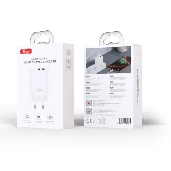 Chargeur de voyage XO CE34 double USB blanc emballage