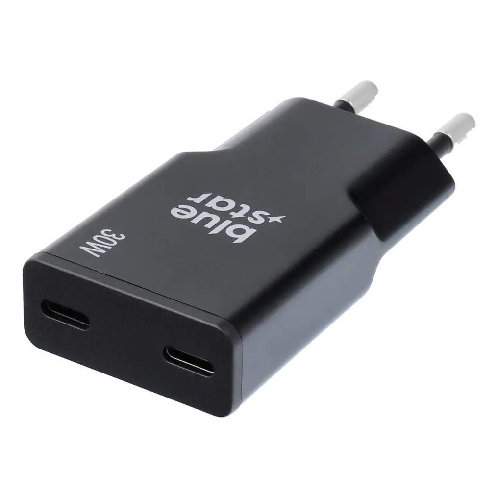Chargeur GaN 30W Blue Star Slim Ultra-Fin – 2 USB-C, Sans Câble – Noir