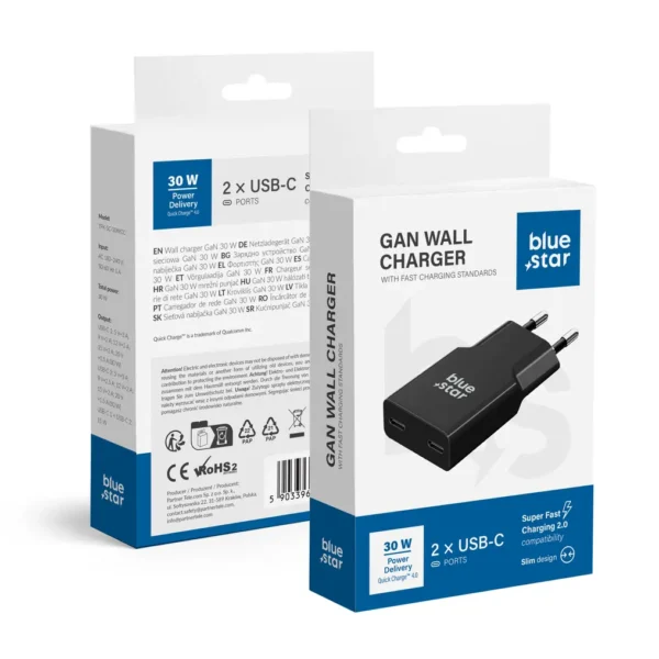 chargeur gan 30w blue star slim ultra fin – 2 usb c, sans câble – noir Chargeur mural GaN 30W Blue Star avec deux ports USB-C