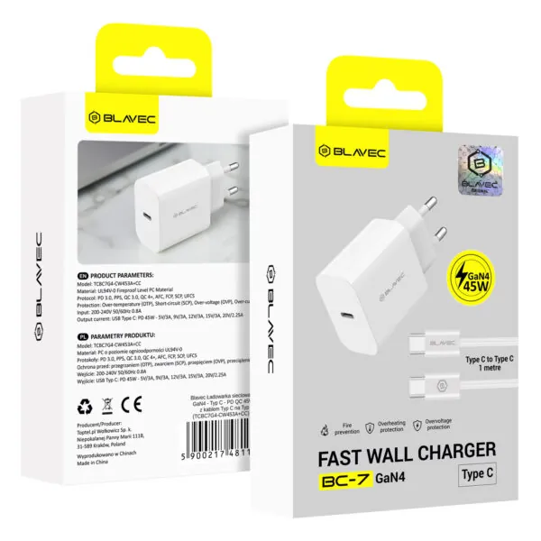 chargeur gan 45w blavec bc 7 – usb c + câble usb c inclus