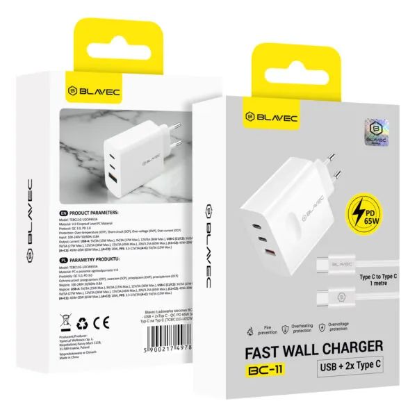 chargeur gan 65w blavec bc 11 – 3 ports + câble usb c inclus chargeur gan 65w blavec bc 11 – 3 ports + câble usb c inclus