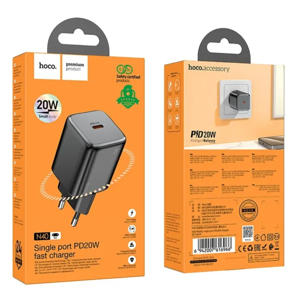 Chargeur rapide Hoco N40 20W USB-C noir emballage orange