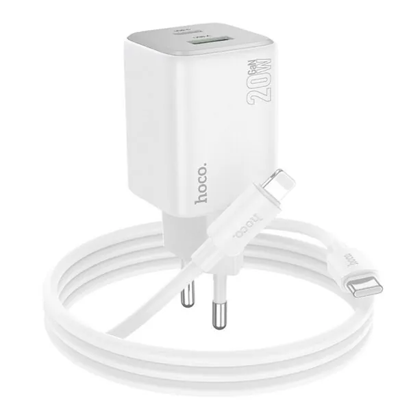 Chargeur rapide Hoco GaN 20W blanc avec câble Lightning