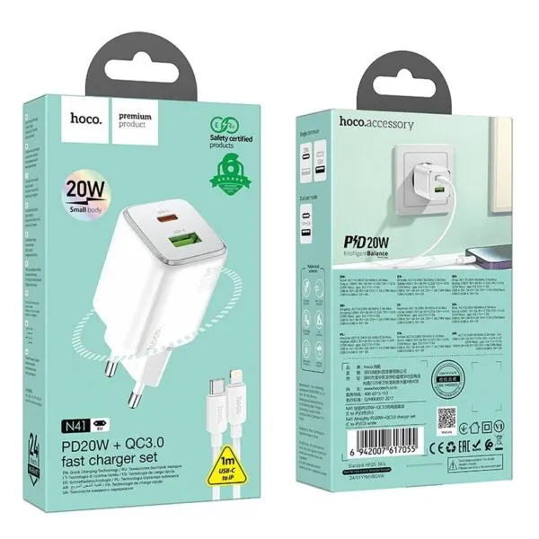 Chargeur rapide Hoco N41 PD20W QC3.0 blanc avec câble