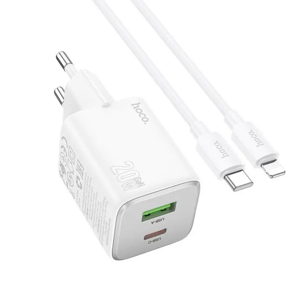 Chargeur rapide Hoco 20W avec câble USB-C Lightning blanc