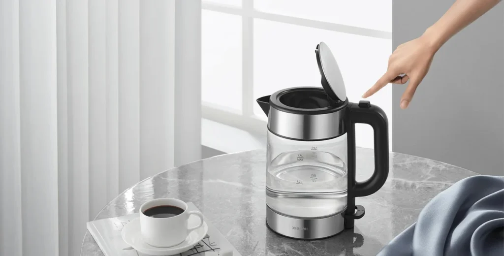 Bouilloire électrique en verre Xiaomi 1,7 L – couvercle ouvert d’une main