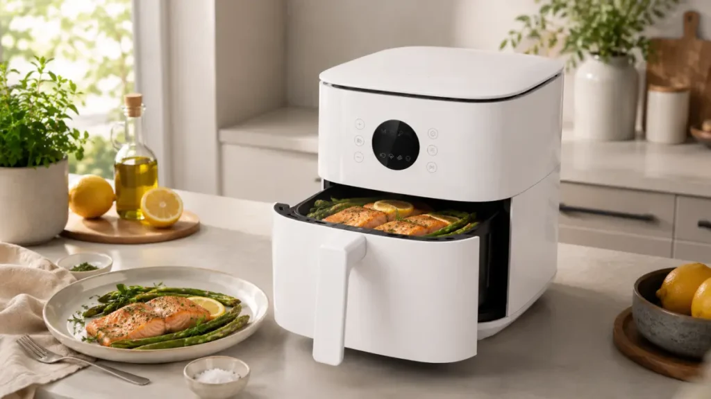 Friteuse sans huile Xiaomi 6,5 L blanche avec saumon et asperges