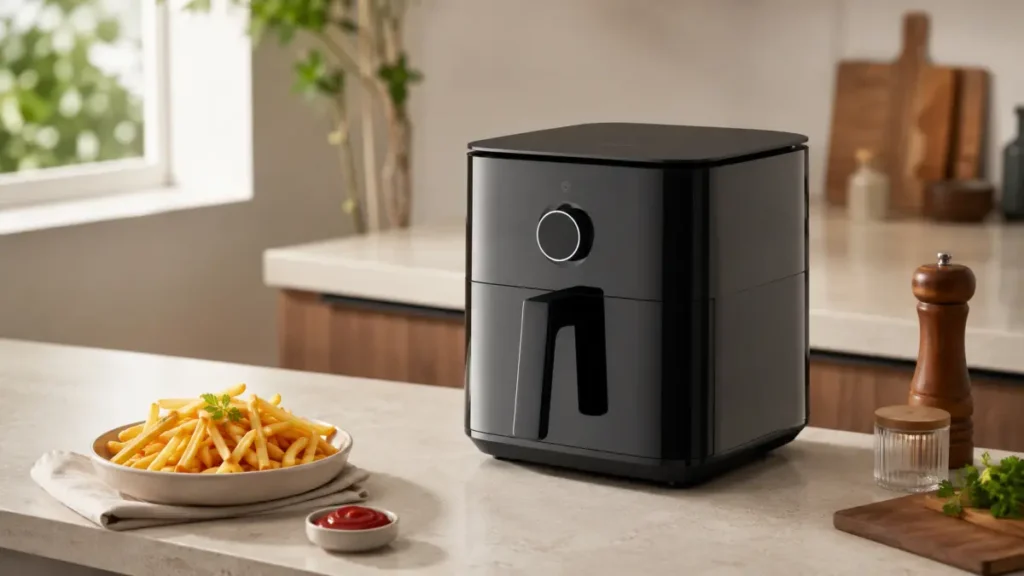 Friteuse à air noire avec assiette de frites dorées