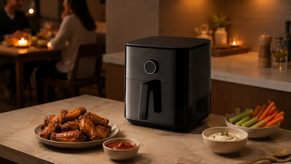 Friteuse à air noire avec ailes de poulet et légumes