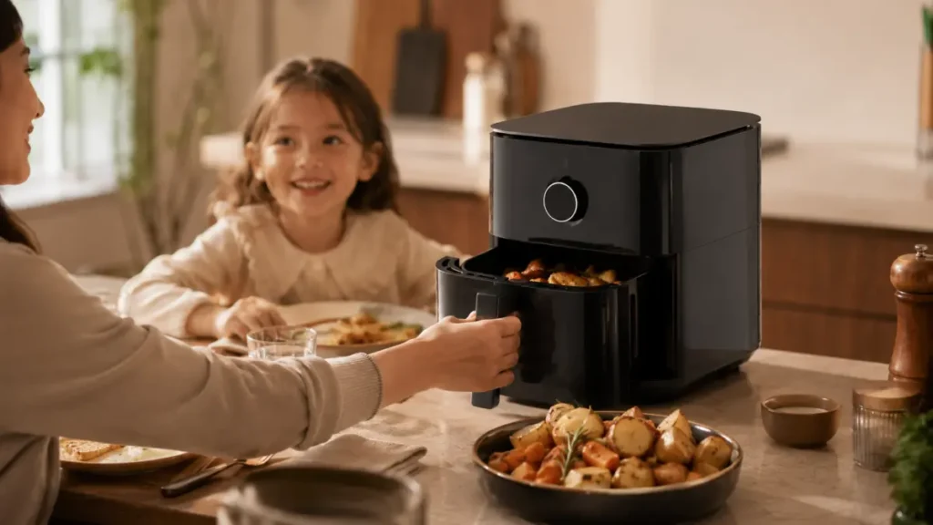 Mère et fille préparant des légumes à l'air fryer