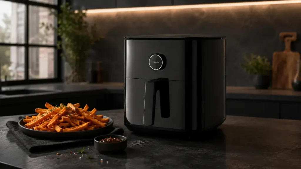 Friteuse à air Xiaomi noire avec assiette de frites