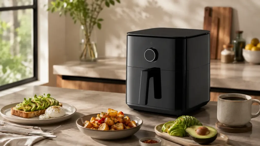 Friteuse à air noire sur plan de travail avec petit-déjeuner