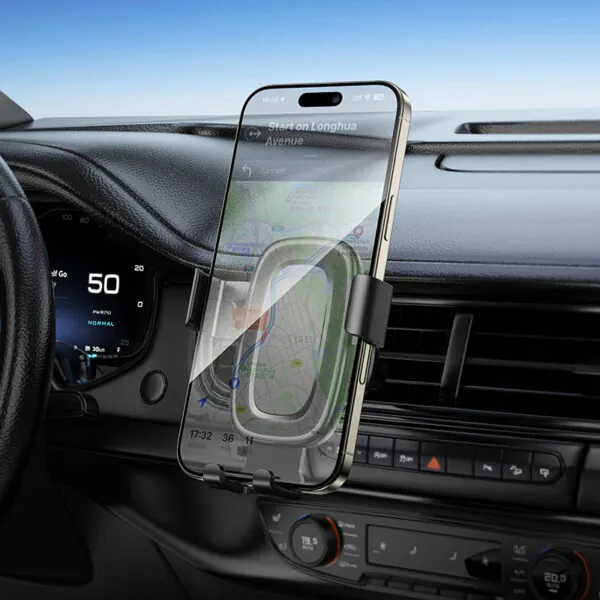 Support téléphone voiture gravité sur grille d’aération avec smartphone